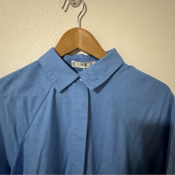 MNG Mango Frill Cotton Shirt Dress Blue Midi Linen Blend Tiered A-Line NWT-8 - Picture 4 of 10